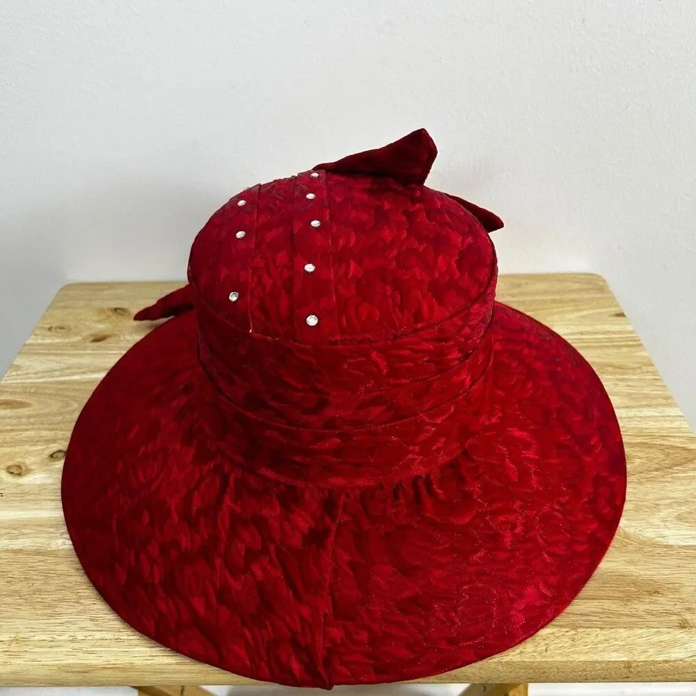 Vintage Red Church Hat Wide Brim Floral Rose Rhinestone Dress Derby Hat